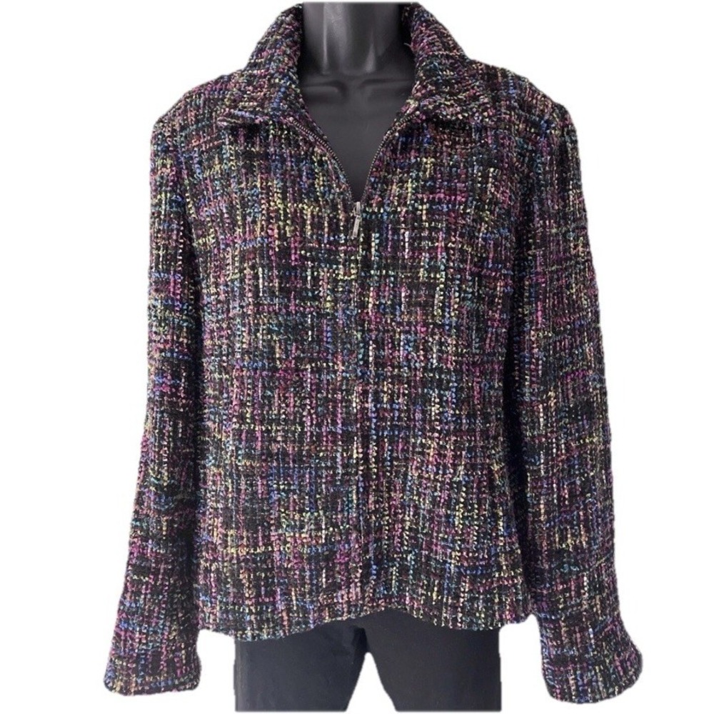 Coldwater Creek Tweed Jacket Womens 14 Boucle Multicolor‎ Zip Front Lined